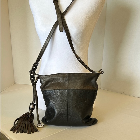 Brighton Handbags - BRIGHTON  BLACK BROWN  LEATHER WITH BRAIDED STRAP & TASSLE DETAIL CROSSBODY BAG